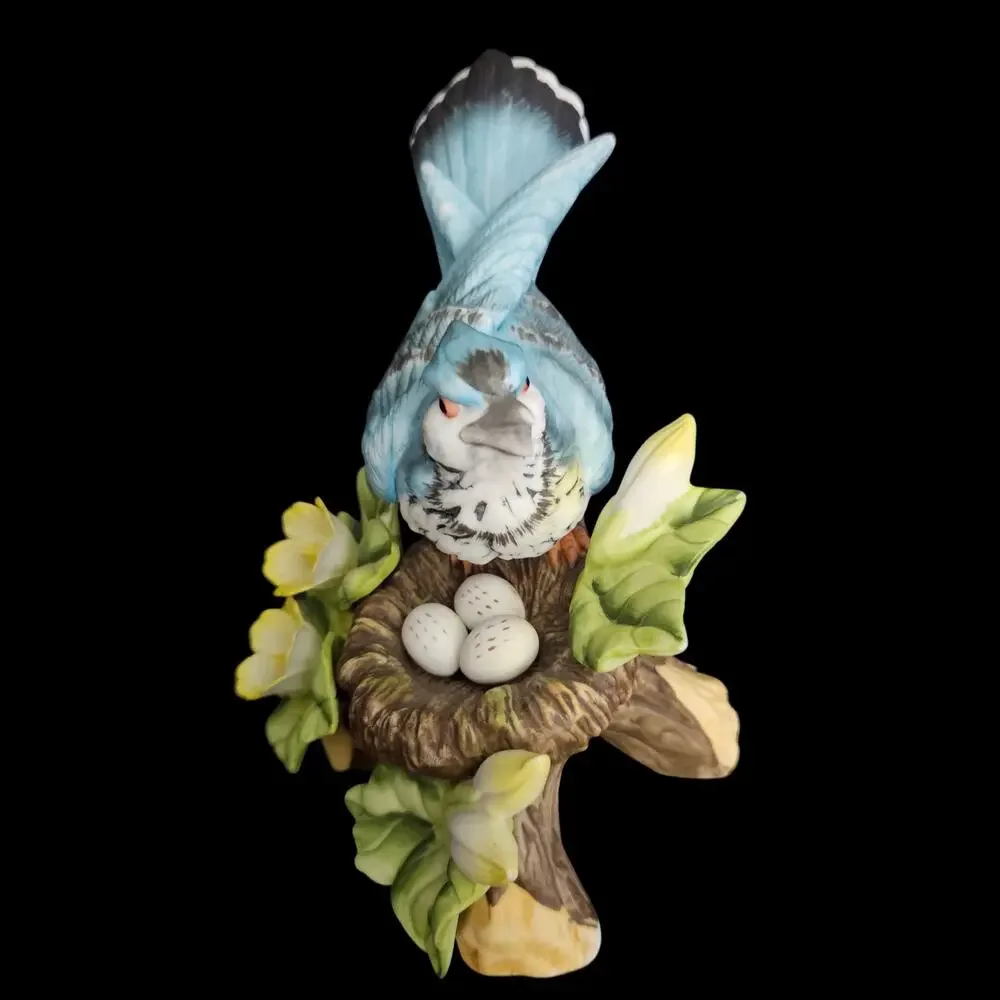 Vintage Blue Jay Bird Nest Eggs Flowers Porcelain Figurine Tree Branch Decor